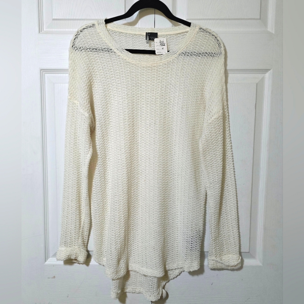 SPARKLE & FADE Women's Small Cream Gauzy Cuffed X-long Sleeves Hi-Low Sweater